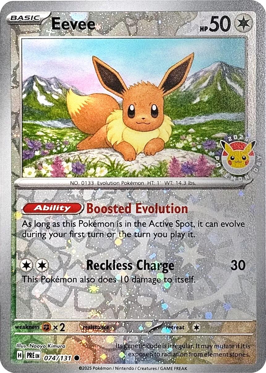 Eevee (074/131) (Pokemon Day 2025) (Reverse Cosmos Holo) [Scarlet & Violet: Prismatic Evolutions] | Game Haven TX