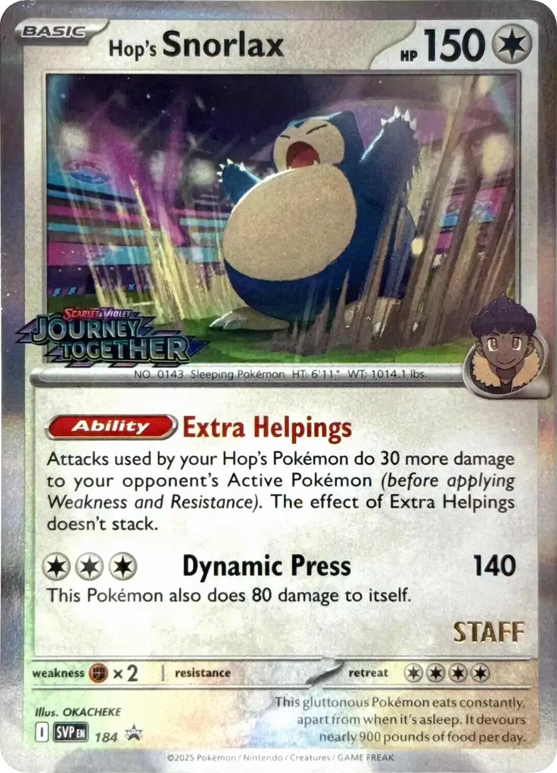 Hop's Snorlax (184) (Prerelease Staff) [Scarlet & Violet: Black Star Promos] | Game Haven TX