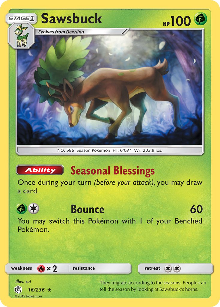 Sawsbuck (16/236) (Prerelease Kit Exclusive) (Theme Deck Exclusive) [Sun & Moon: Cosmic Eclipse] | Game Haven TX