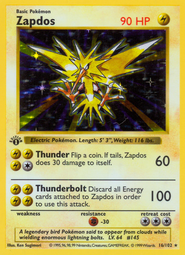 Zapdos (16/102) (Shadowless) [Base Set 1st Edition] | Game Haven TX