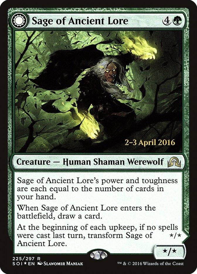 Sage of Ancient Lore // Werewolf of Ancient Hunger [Shadows over Innistrad Prerelease Promos] | Game Haven TX
