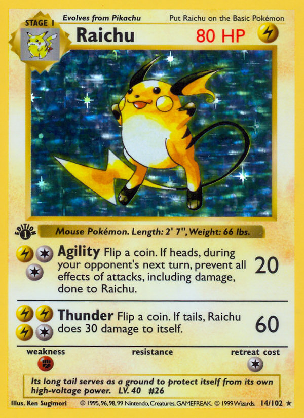 Raichu (14/102) (Shadowless) [Base Set 1st Edition] | Game Haven TX