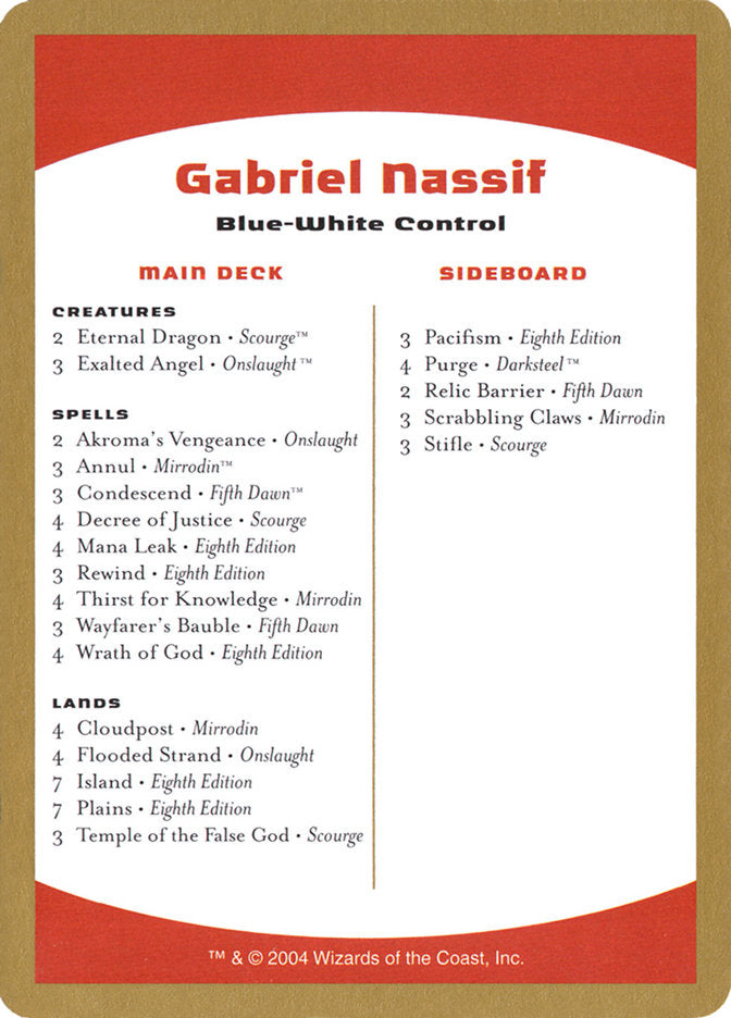 Gabriel Nassif Decklist [World Championship Decks 2004] | Game Haven TX