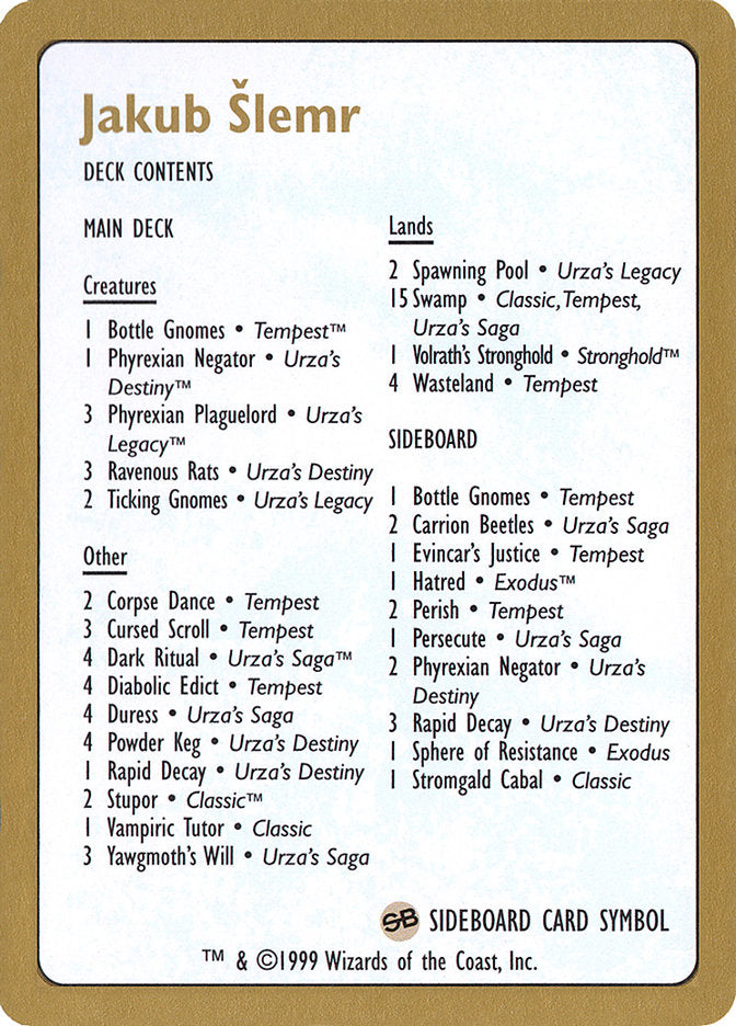Jakub Šlemr Decklist [World Championship Decks 1999] | Game Haven TX