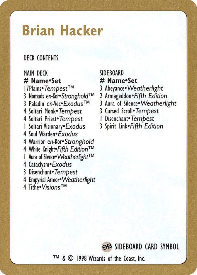 Brian Hacker Decklist [World Championship Decks 1998] | Game Haven TX